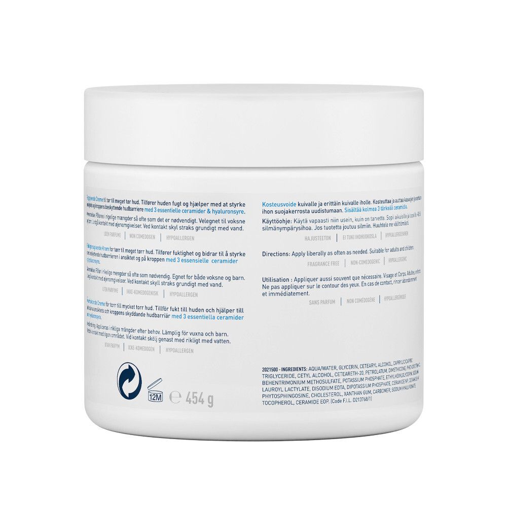 Dos de CeraVe Moisturising Cream. Texte: Ingrédients, mode d'emploi.