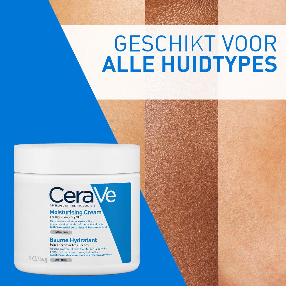 Achterkant CeraVe Moisturising Cream. Tekst: Ingrediënten, gebruiksaanwijzing.