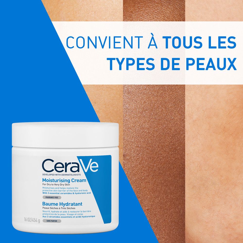 CeraVe Moisturising Cream. Texte: Convient à tous les types de peaux.