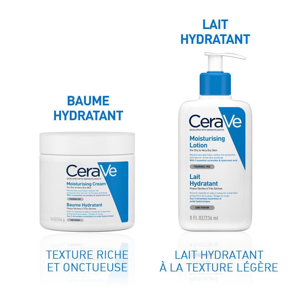 Produits CeraVe: Crème et lotion hydratantes. Texte: Texture riche, texture légère.
