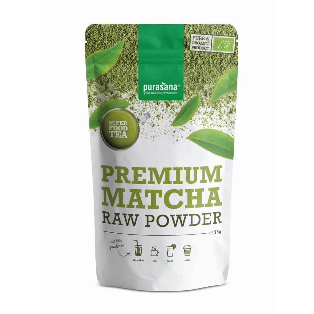 Paquet de purasana® Matchapulver. Sachet de poudre verte, feuilles et logo. Certification biologique.