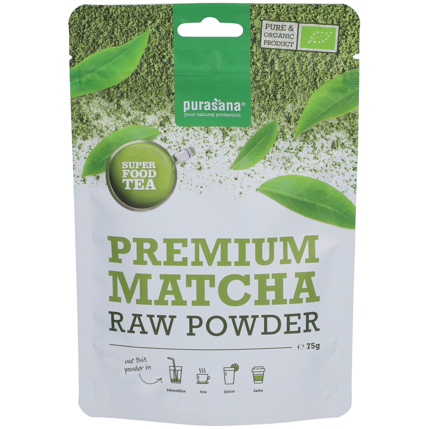 Verpackung von purasana® Matchapulver. Beutel mit grünem Pulver, Blättern und Logo. Bio-Zertifizierung.