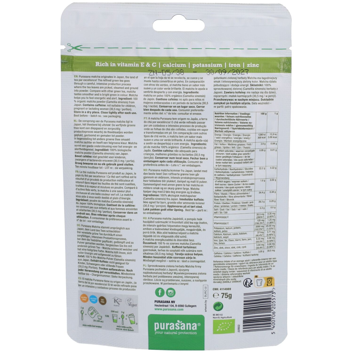 Rückseite der purasana® Matchapulver-Verpackung. Enthält Nährwertangaben, Zutatenliste und Bio-Zertifizierung.