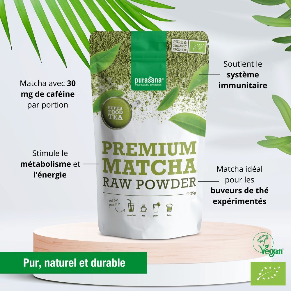 Paquet de purasana® Matchapulver. Sachet de poudre verte, feuilles et logo. Certification biologique.