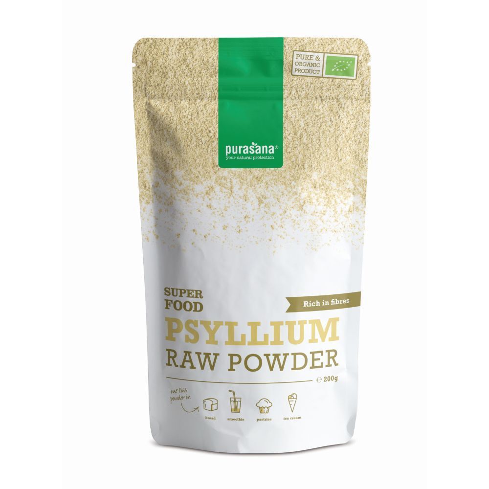 Sachet de poudre de psyllium. Inscription : "Psyllium Raw Powder". Avec label bio. Contient des fibres. Fond blanc.