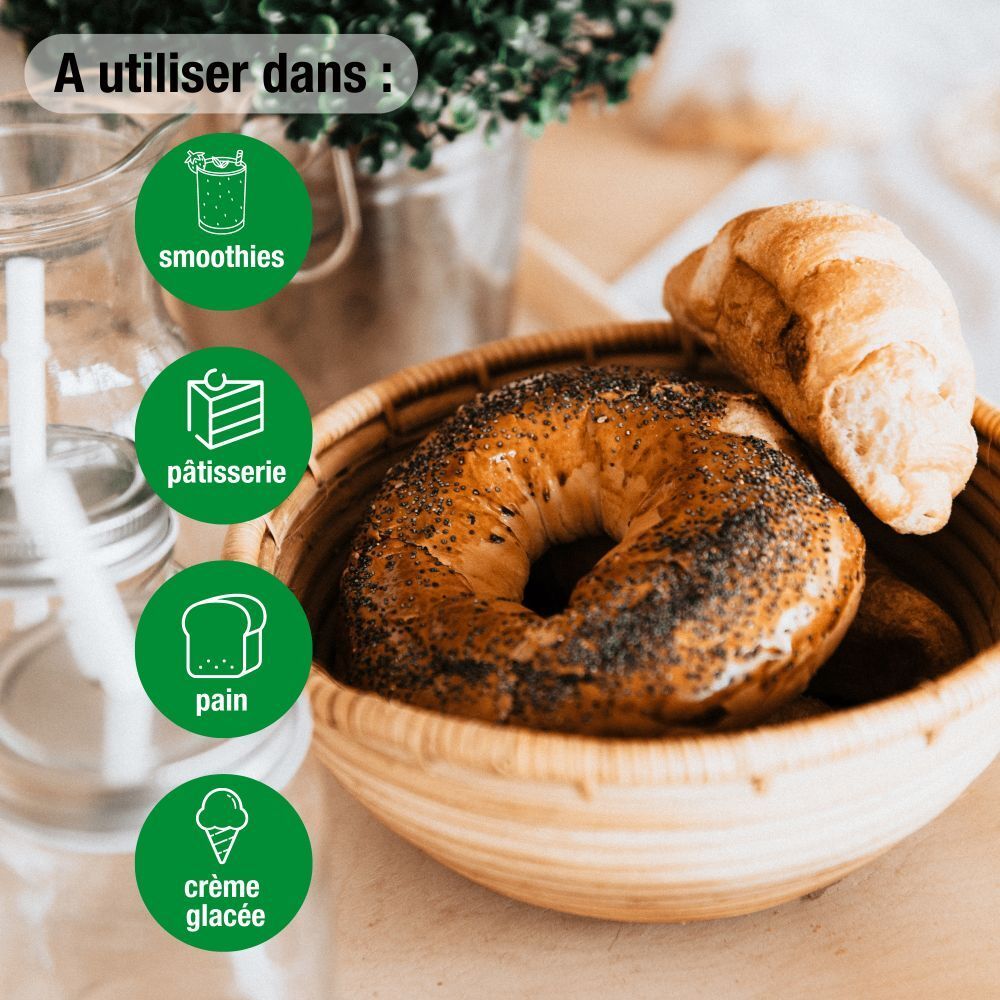 Récipient en verre, panier avec pain et viennoiseries. Cercles verts avec symboles pour smoothies, pâtisserie, pain et glace.