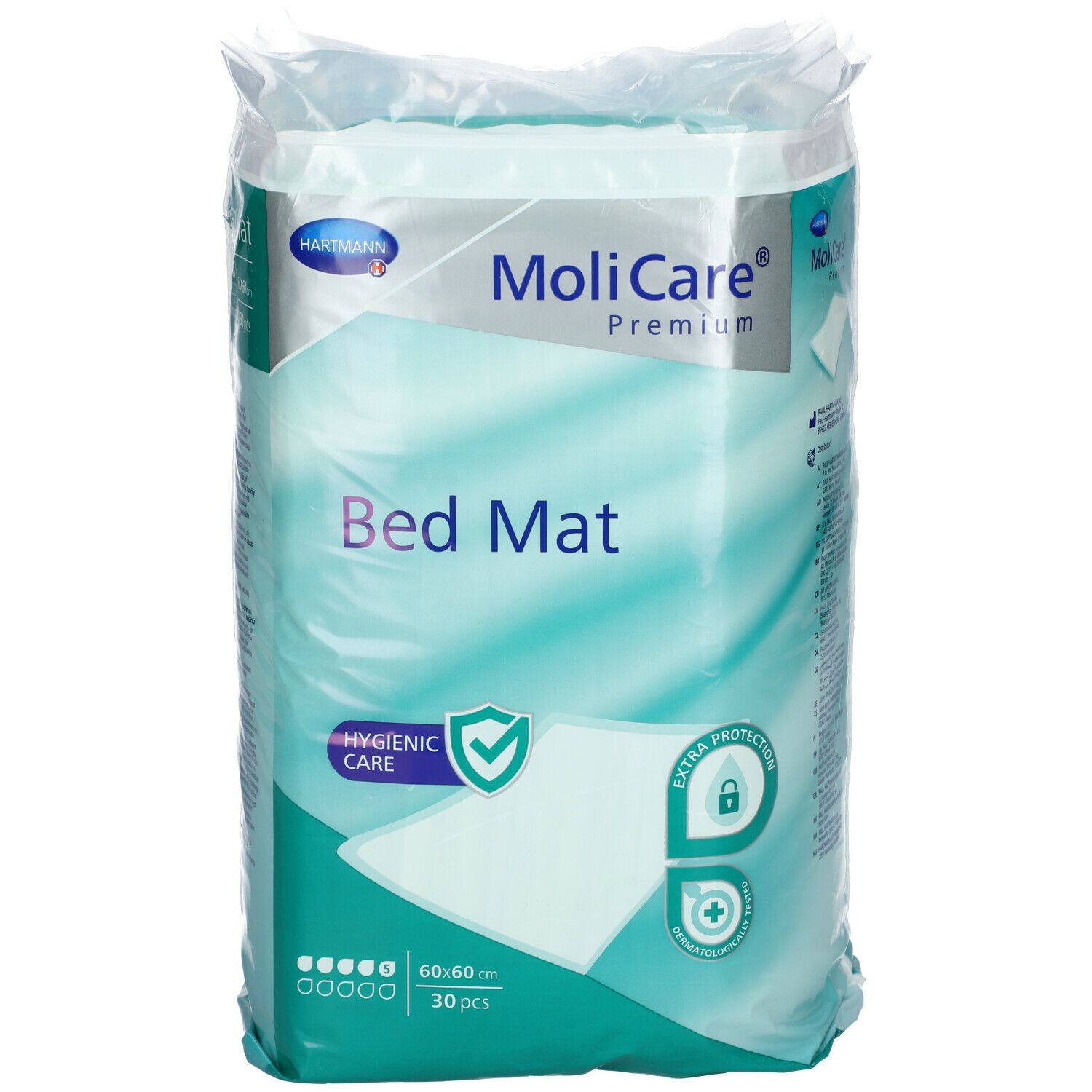 Emballage MoliCare Premium Bed Mat. 60x60cm, 30 pièces. Soin hygiénique. Protection supplémentaire. Logo Hartmann.