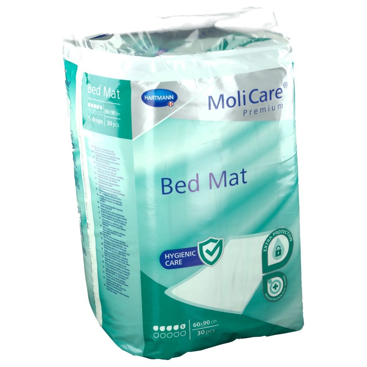Emballage MoliCare Premium Bed Mat. Protection hygiénique et extra. Dimensions 60x90cm, 30 pièces.