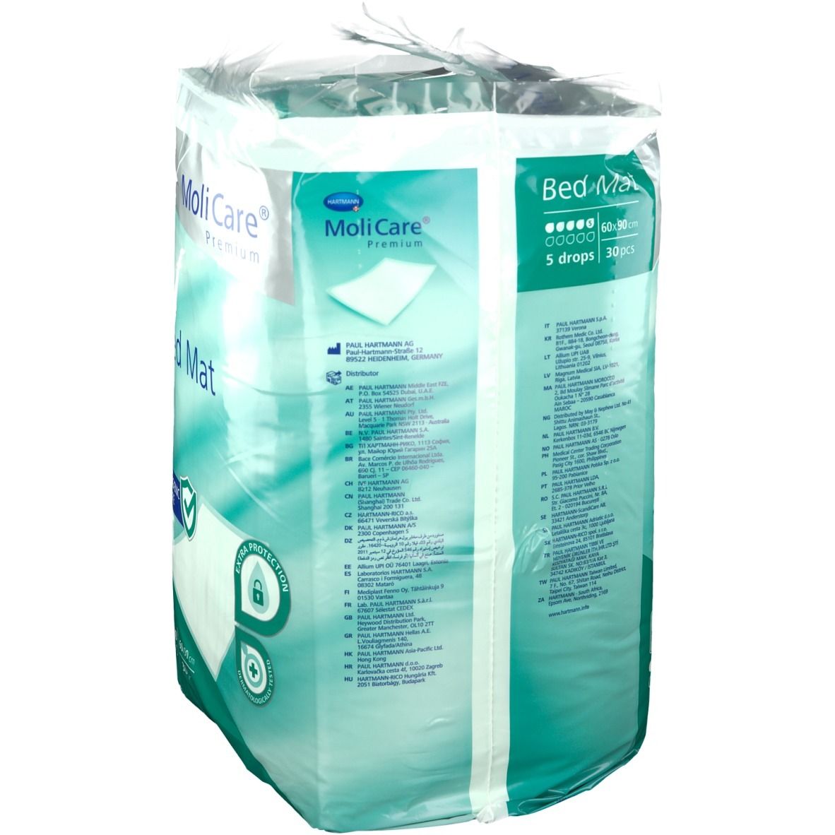 Emballage MoliCare Premium Bed Mat. Protection hygiénique et extra. Dimensions 60x90cm, 30 pièces. Informations multilingues.