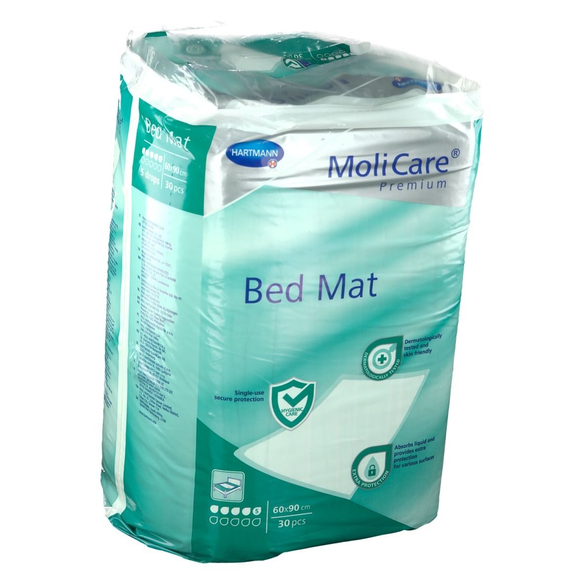 Emballage MoliCare Premium Bed Mat. Protection hygiénique et extra. Dimensions 60x90cm, 30 pièces.