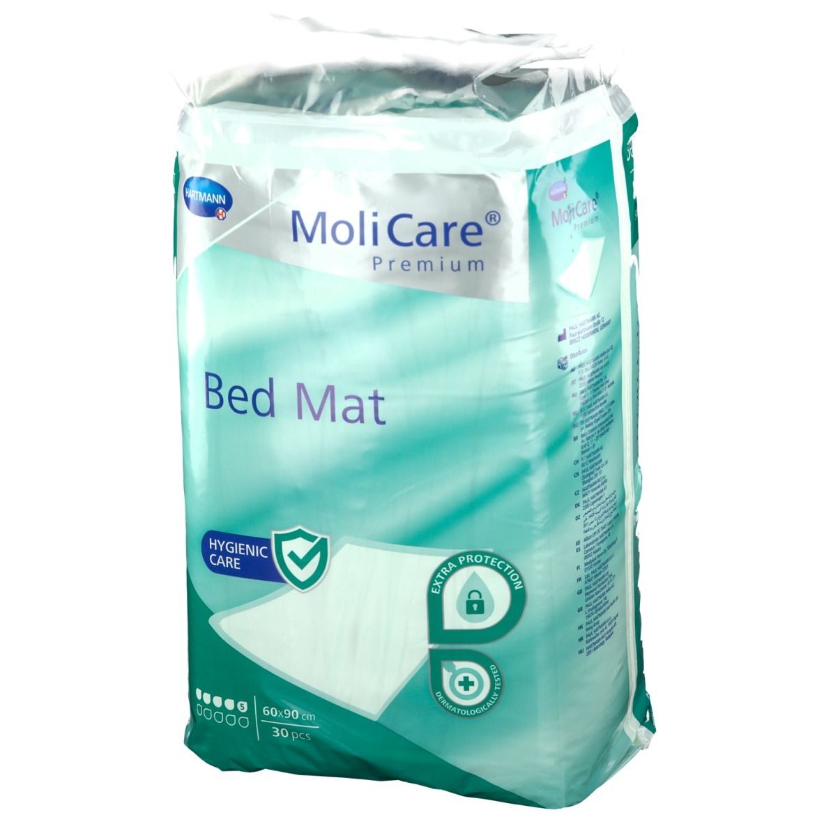Emballage MoliCare Premium Bed Mat. Protection hygiénique et extra. Dimensions 60x90cm, 30 pièces.