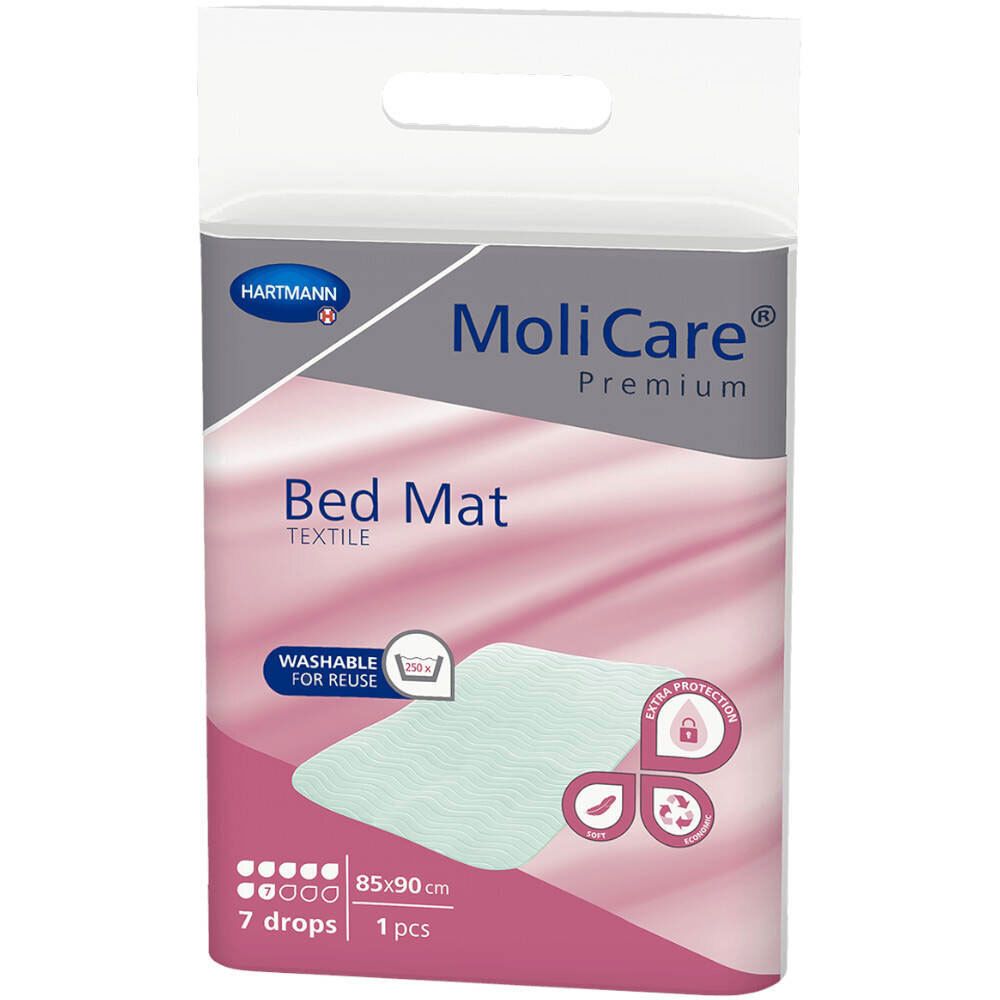 Emballage MoliCare® Premium Bed Mat Textile. Lavable, 85x90 cm, 7 gouttes. Logo Hartmann et informations produit.