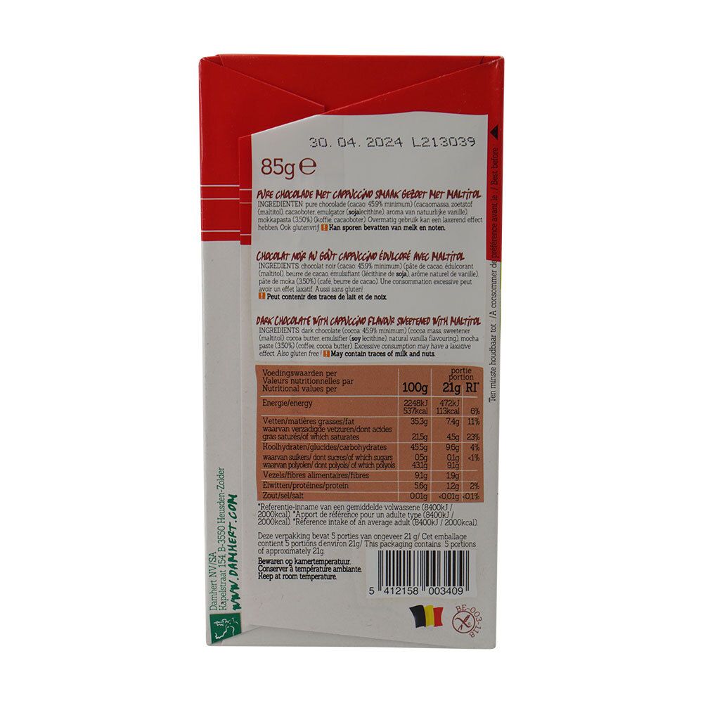 Dos de l'emballage de chocolat avec texte en plusieurs langues. Contient des informations nutritionnelles et une liste d'ingrédients. Avec drapeau belge.