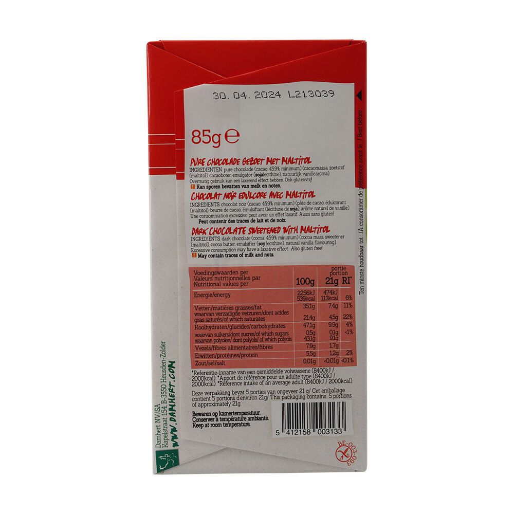 Rückseite der Schokoladenverpackung mit Text und Nährwertangaben. Enthält Informationen in Niederländisch, Französisch und Englisch.