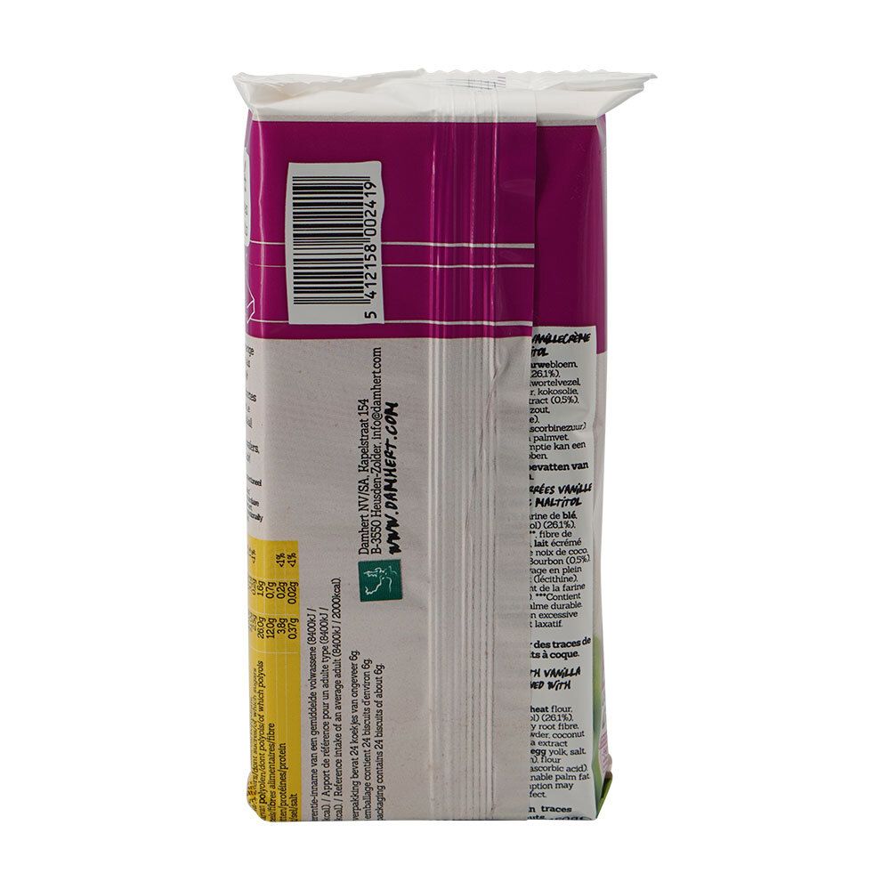 Dos de l'emballage Damhert Cent Wafers Vanille. Code-barres et informations nutritionnelles. Logo : Damhert Nutrition.