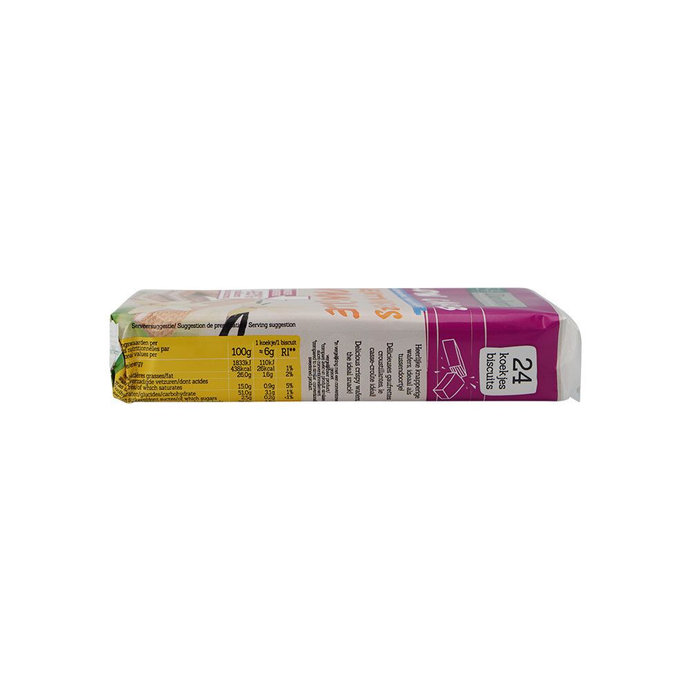 Vue latérale de l'emballage Damhert Cent Wafers Vanille. Informations nutritionnelles et texte. 24 gaufrettes par paquet.