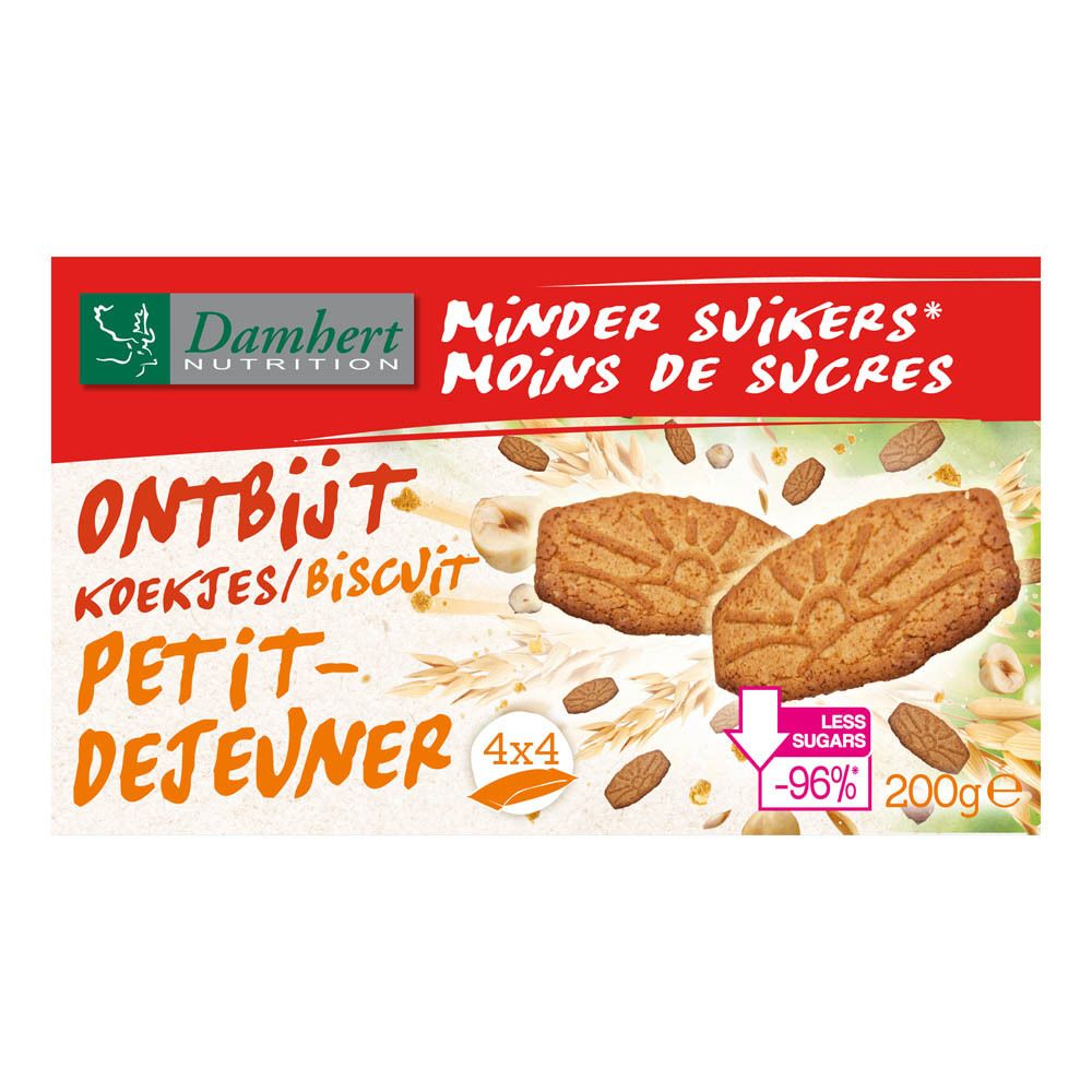 Verpakking ontbijtkoekjes. Rode en witte doos met productnaam en logo. Toont koekjes en ingrediënten.