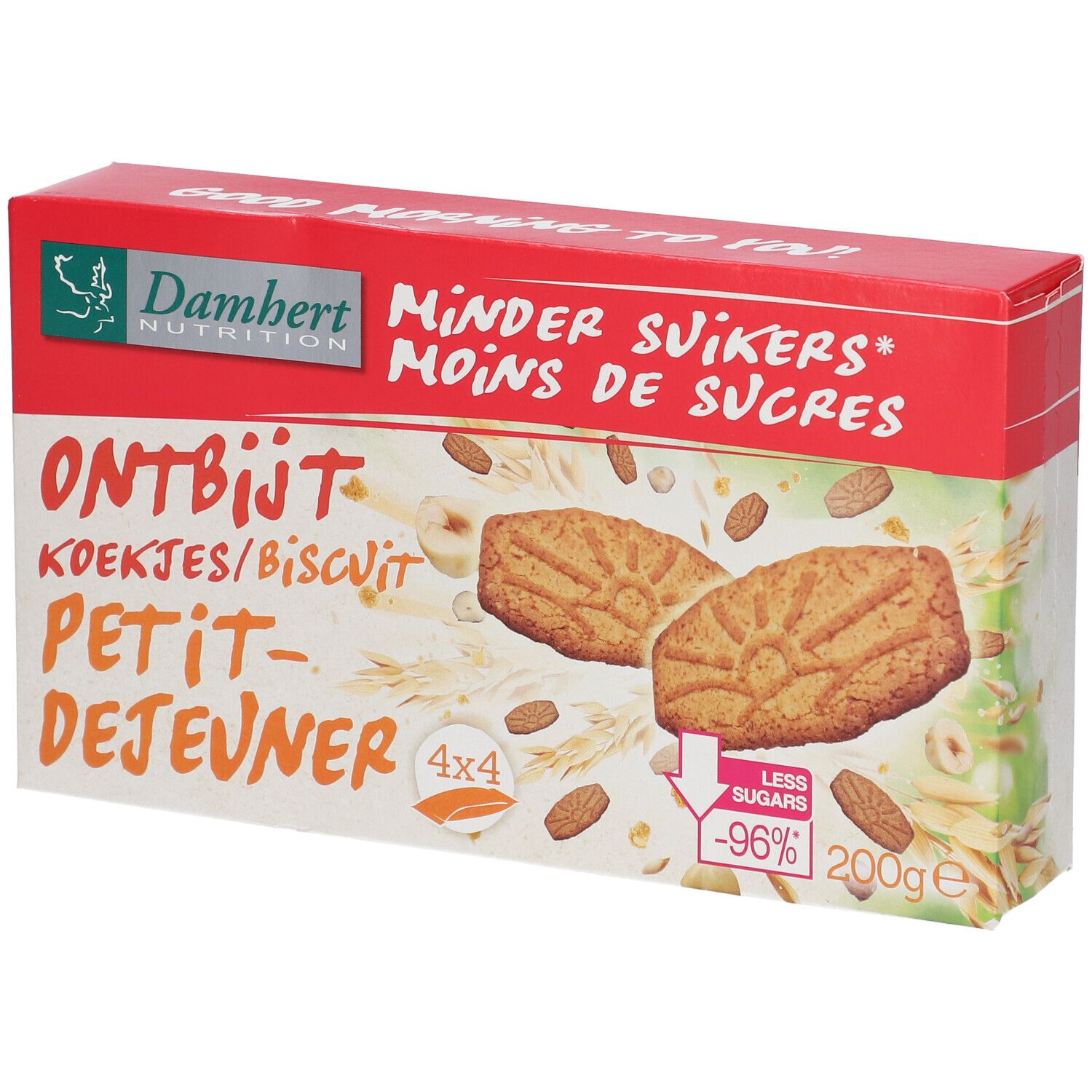 Verpakking ontbijtkoekjes. Rode en witte doos met productnaam en logo. Toont koekjes en ingrediënten.
