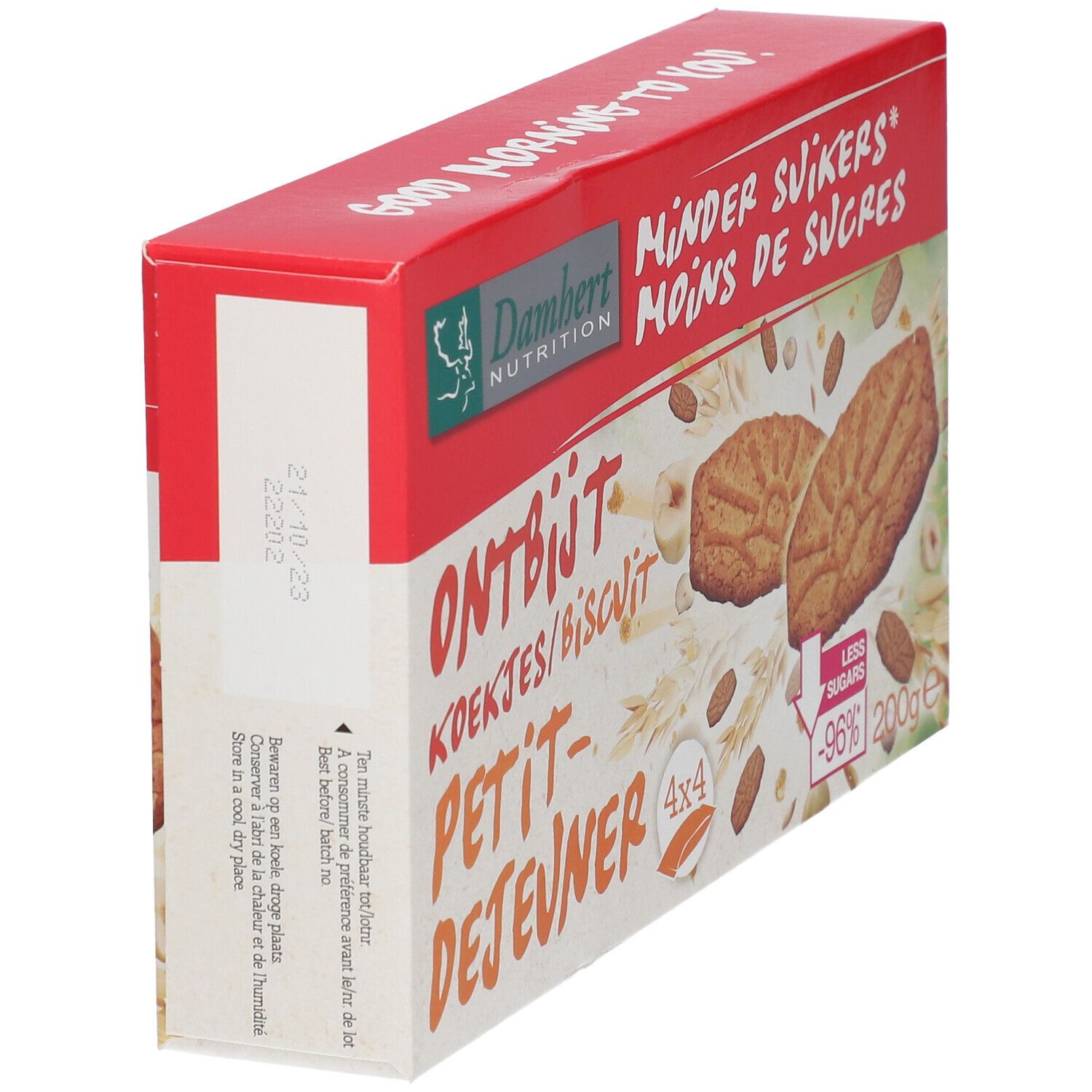 Doos met ontbijtkoekjes, schuin. Rode en witte verpakking met productnaam en logo. Toont koekjes en ingrediënten.