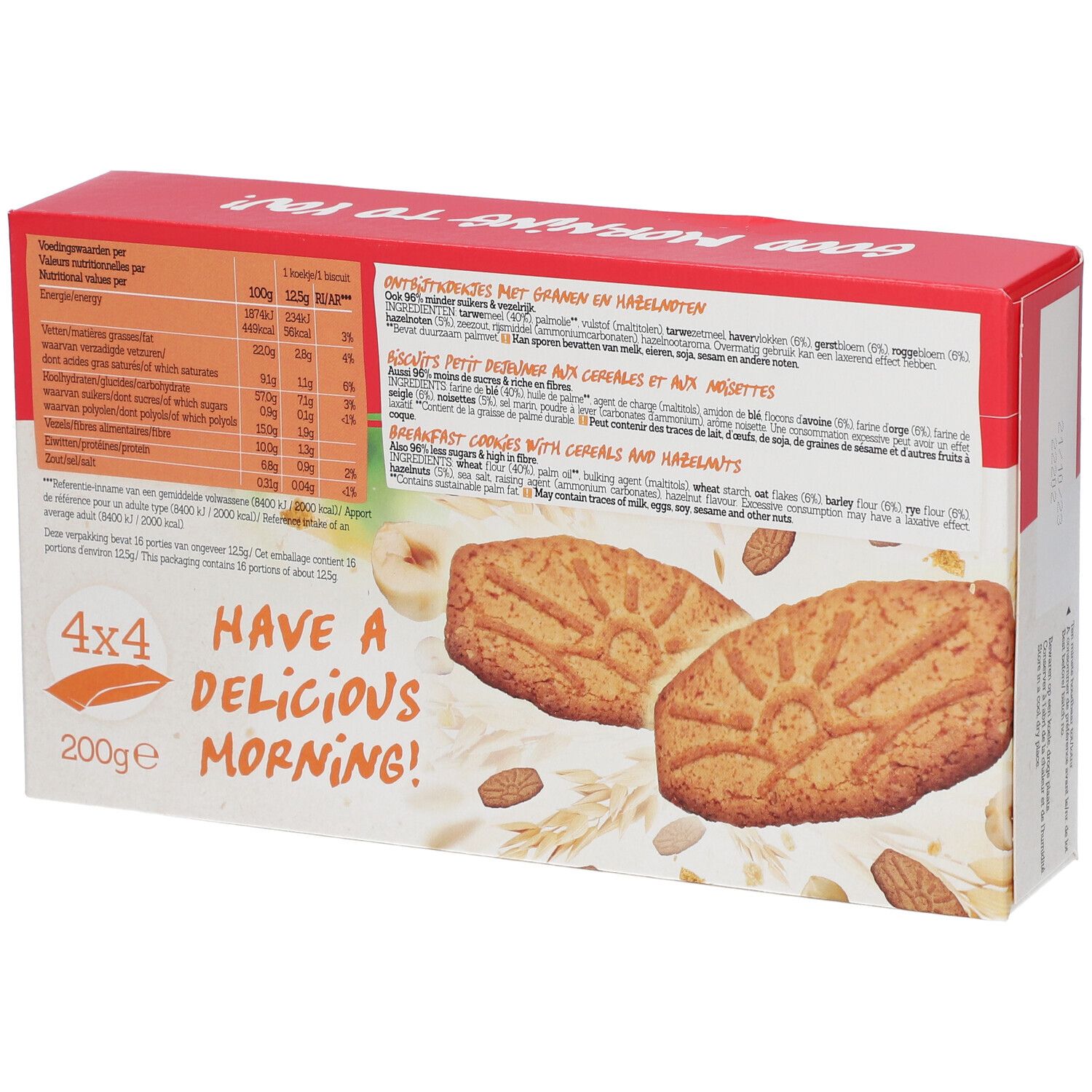 Achterkant van de verpakking van ontbijtkoekjes. Bevat voedingsinformatie en productinformatie. Toont koekjes en ingrediënten.