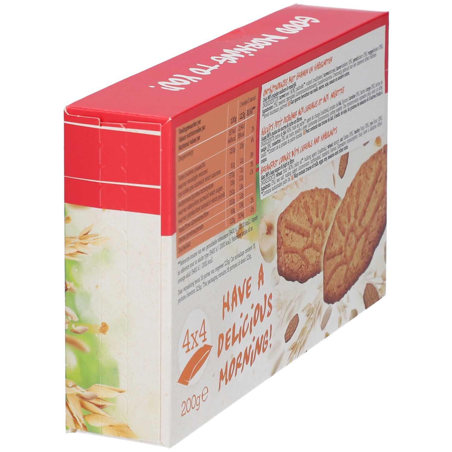 Schuine weergave van de verpakking met ontbijtkoekjes. Bevat voedingsinformatie en productinformatie. Toont koekjes en ingrediënten.
