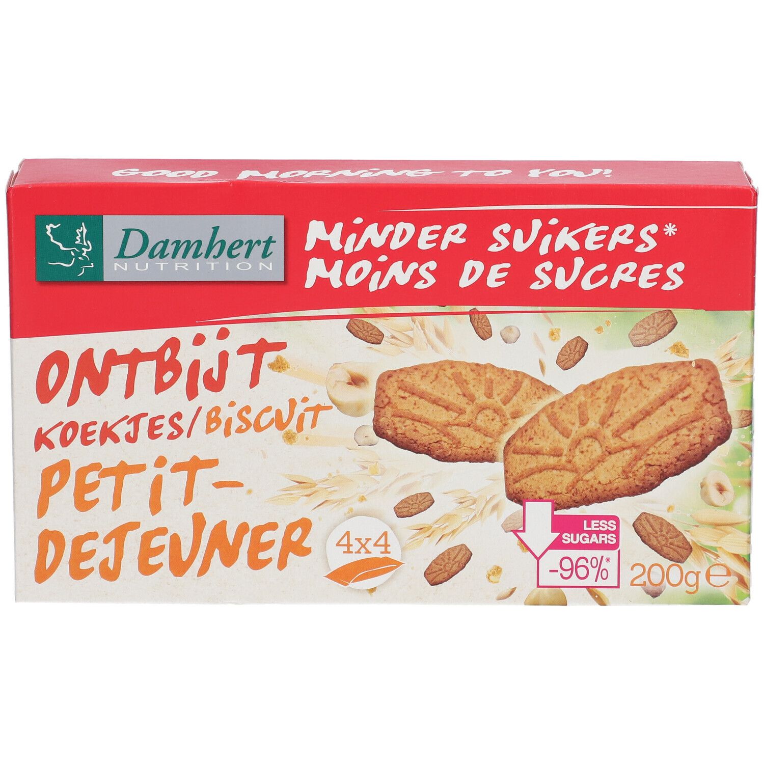 Verpakking ontbijtkoekjes. Rode en witte doos met productnaam en logo. Toont koekjes en ingrediënten.