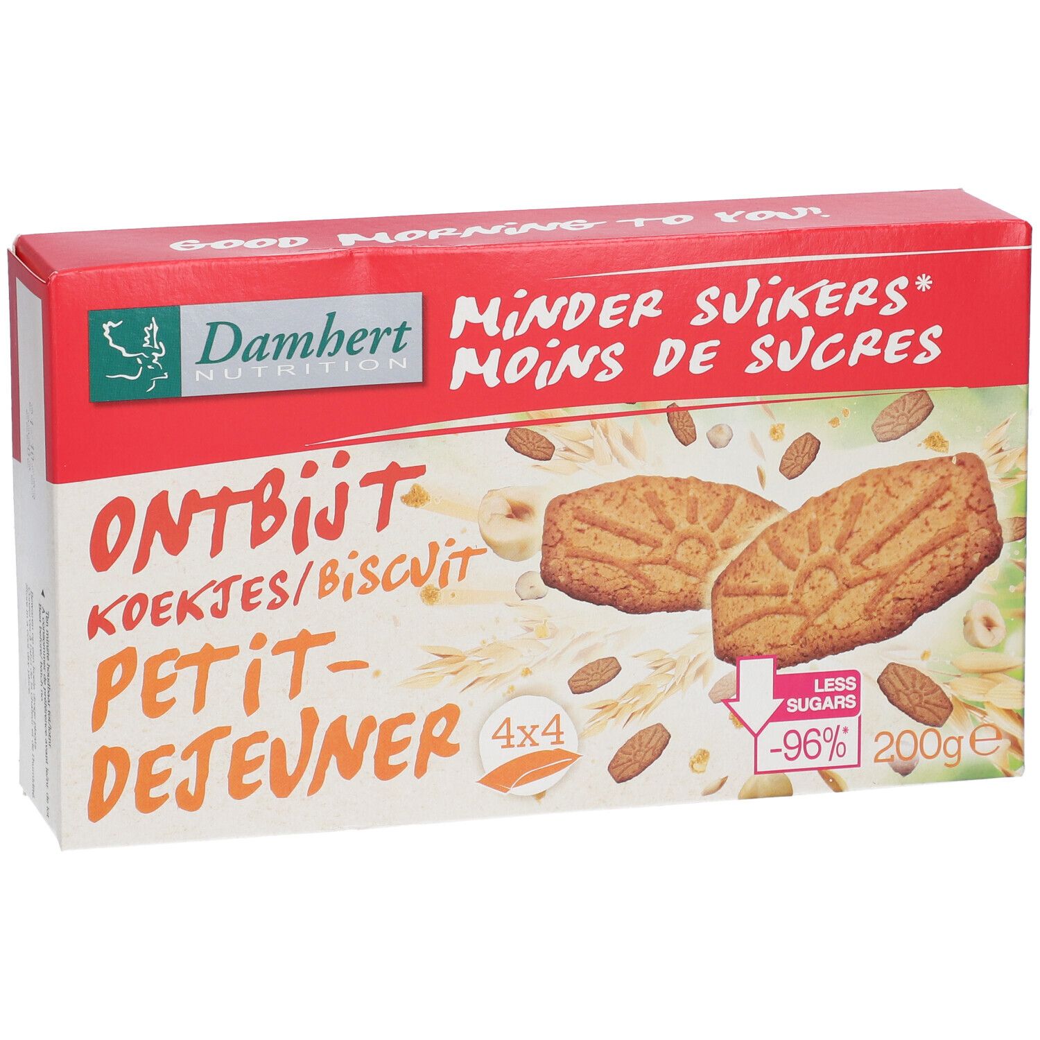Verpakking ontbijtkoekjes. Rode en witte doos met productnaam en logo. Toont koekjes en ingrediënten.