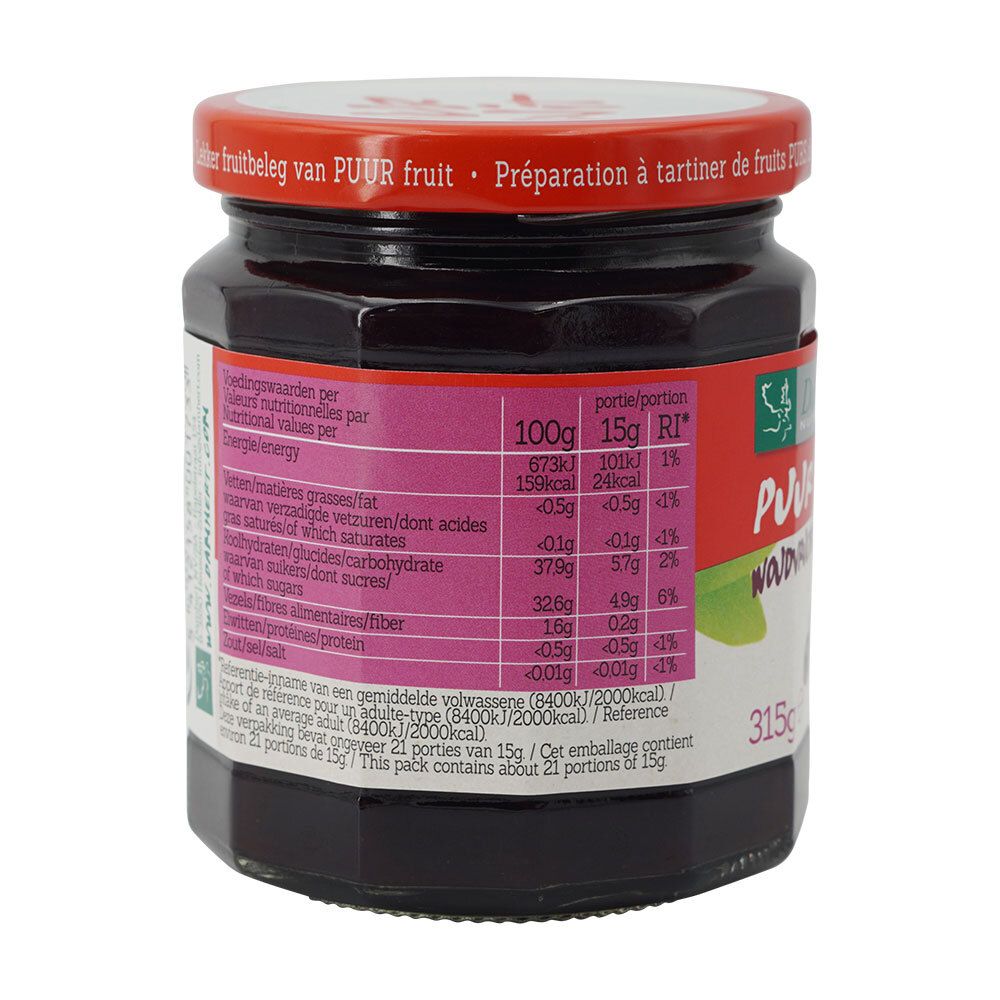 Achterkant van de pot Damhert Puur Fruit Waldfrucht. Voedingswaarde-informatie op roze achtergrond. 315g.