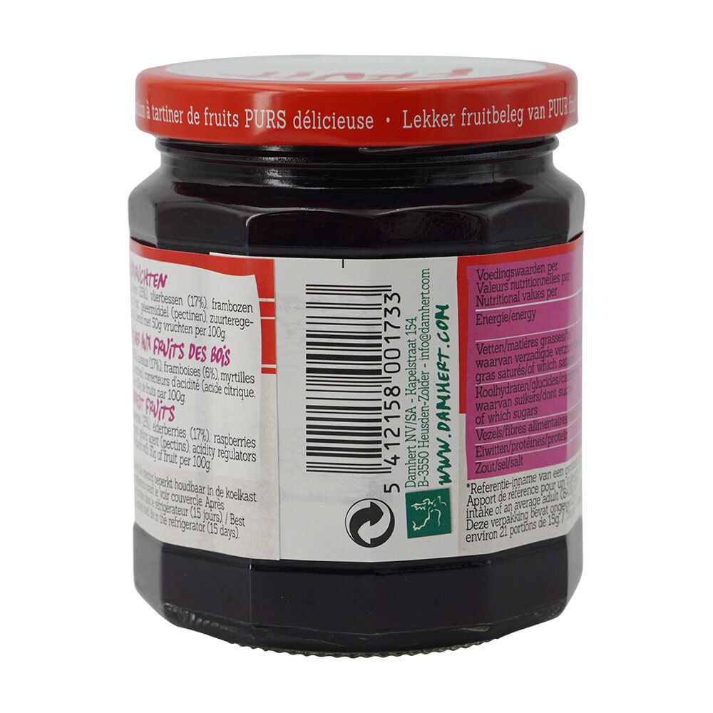 Achterkant van de pot Damhert Puur Fruit Waldfrucht. Streepjescode, ingrediëntenlijst en fabrikanteninformatie. 315g.