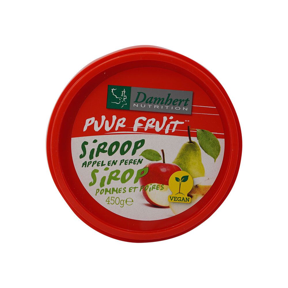 Couvercle rouge avec sirop Damhert Pure Fruit. Pomme et poire illustrées. Label végan.