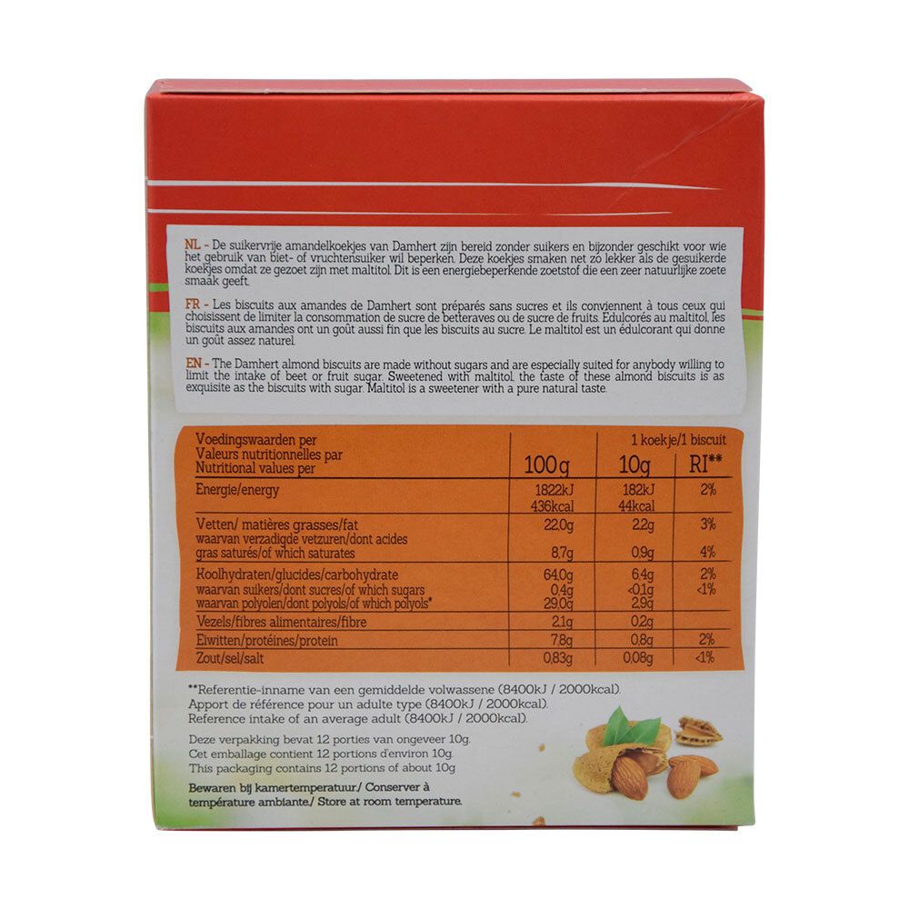 Dos de la boîte de Damhert Mandelspekulatius Zuckerfrei. Informations nutritionnelles et texte en trois langues.