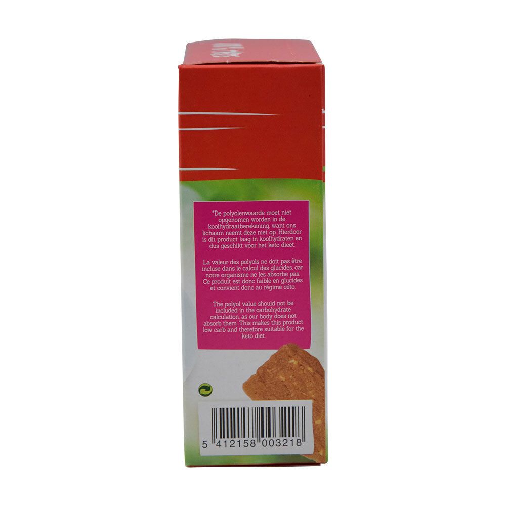 Côté de la boîte de Damhert Mandelspekulatius Zuckerfrei. Texte et code-barres.