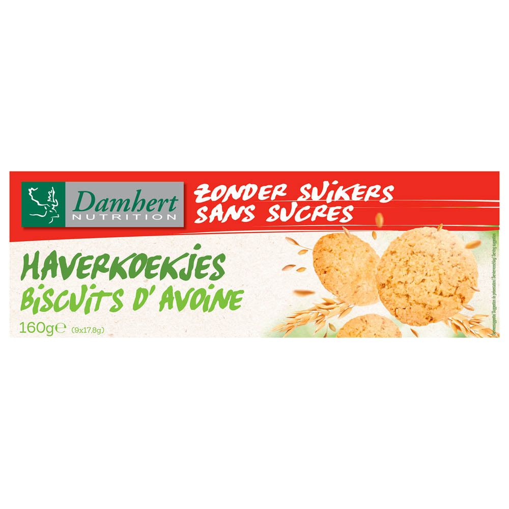 Weiße Fläche mit roter Aufschrift. Aufschrift: Zonder Suikers/Sans Sucres. Haferkekse abgebildet.