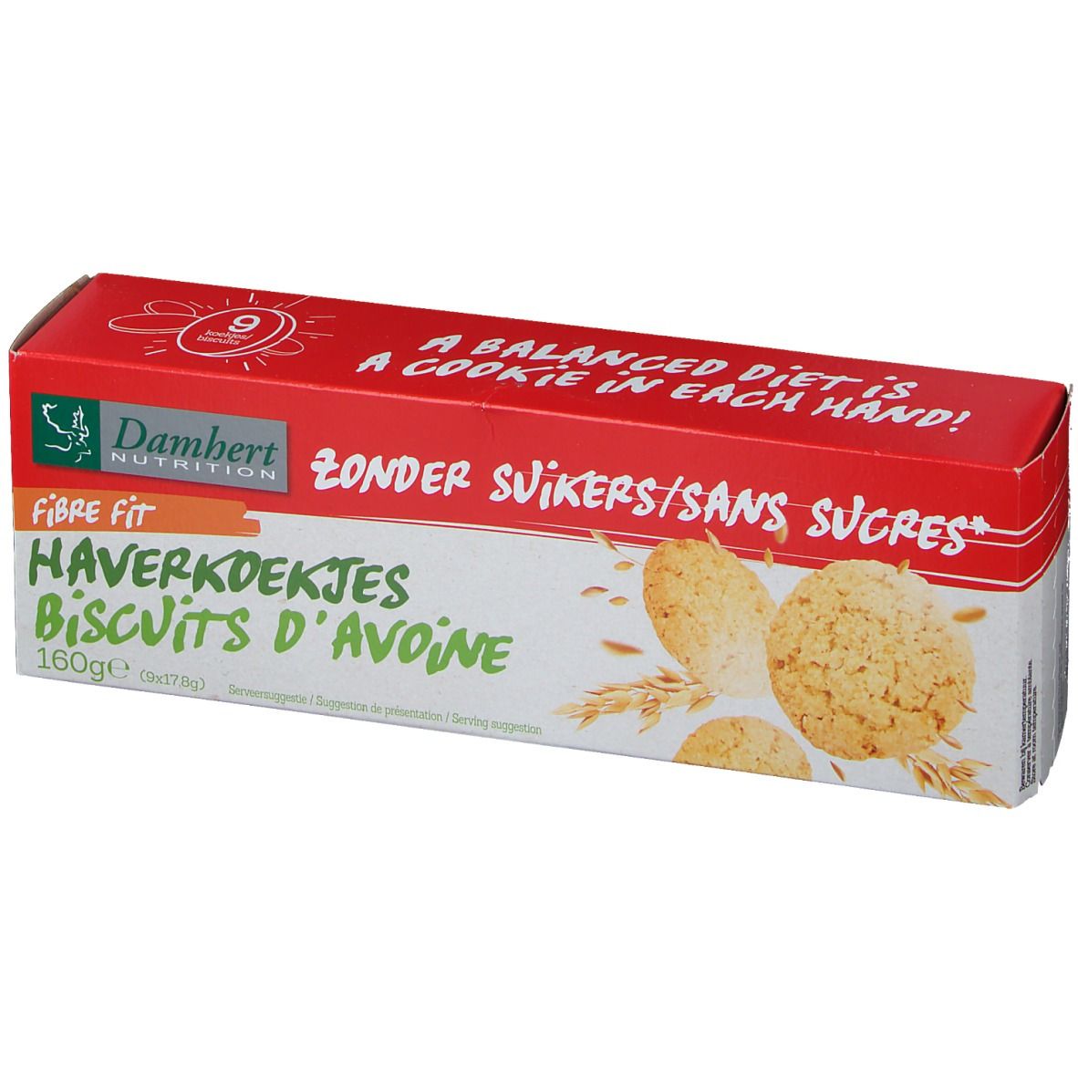 Rote und weiße Schachtel mit Haferkeksen. Aufschrift: Zonder Suikers/Sans Sucres. 160g.