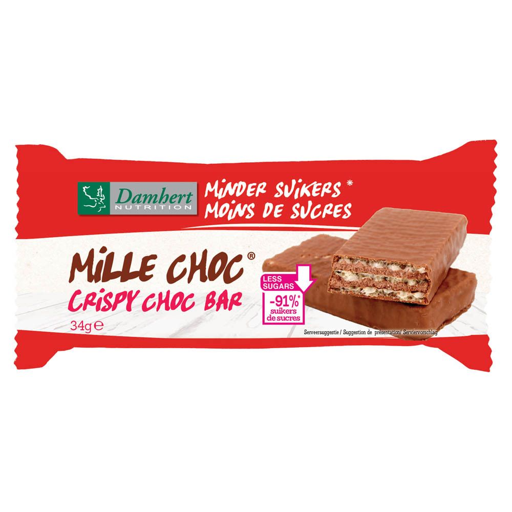 Emballage rouge de barre chocolatée. Inscription "Mille Choc Crispy Choc Bar". Image du produit.