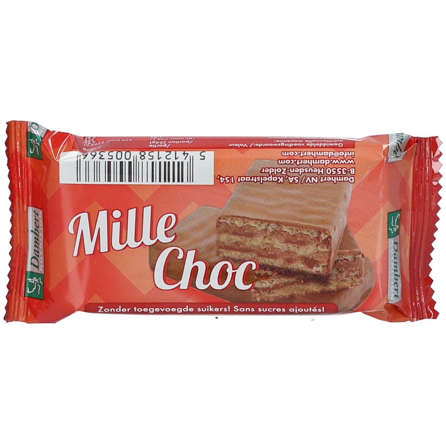 Emballage de barre chocolatée "Mille Choc". Emballage orange avec image du produit.