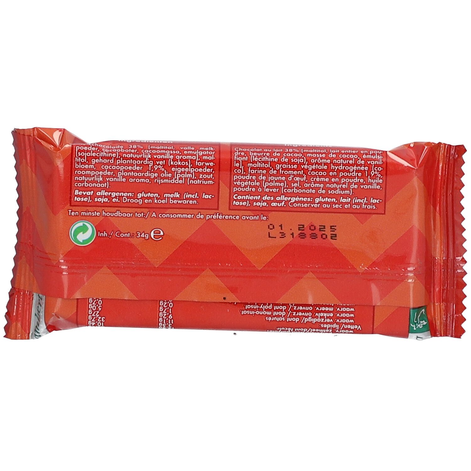 Dos de l'emballage de la barre chocolatée. Texte avec liste d'ingrédients et informations nutritionnelles. Fond orange.
