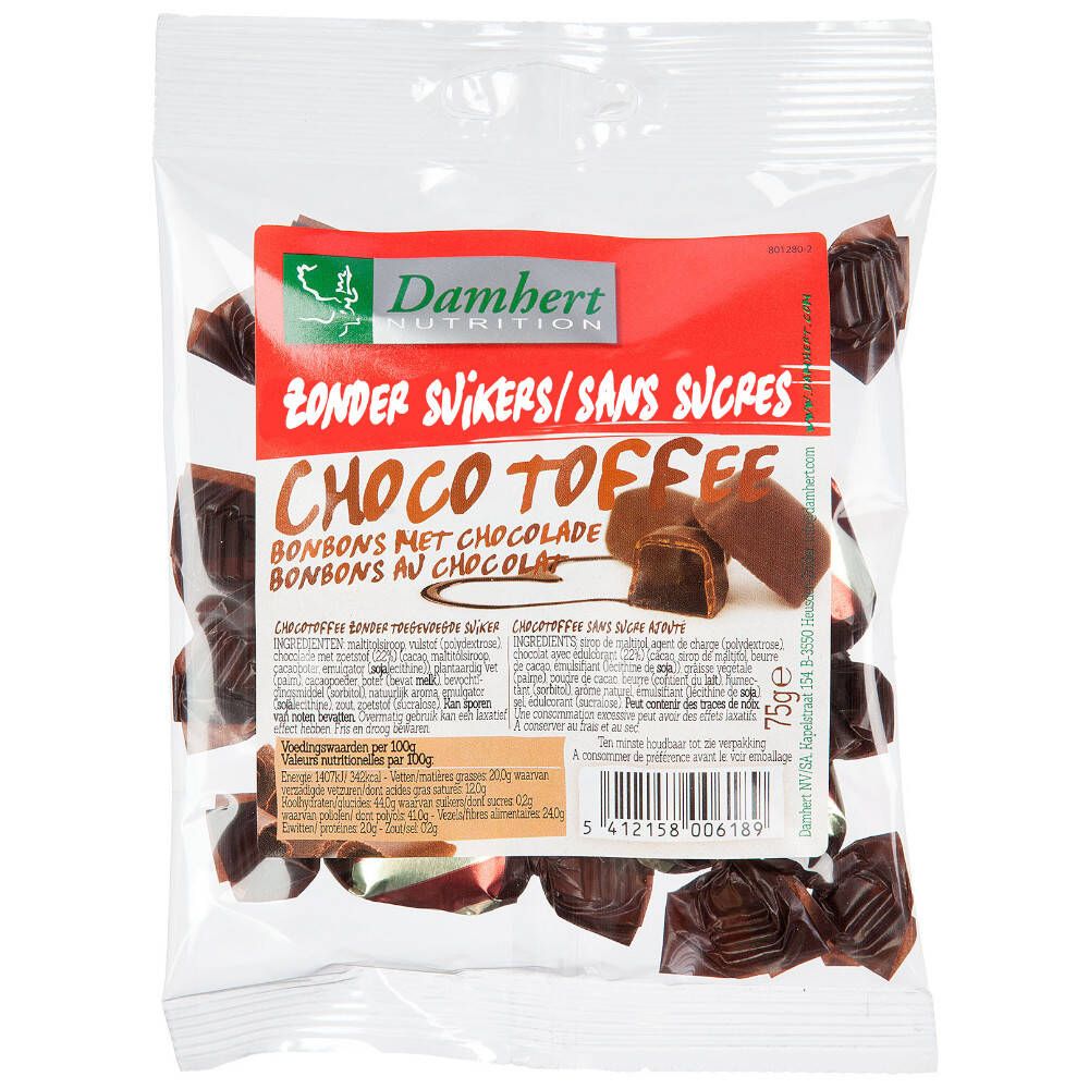 Transparante verpakking met snoep. Rode sticker met "Zonder Suikers/Sans Sucres". Tekst: "Choco Toffee Bonbons Net Chocolade Bonbons Au Chocolat".