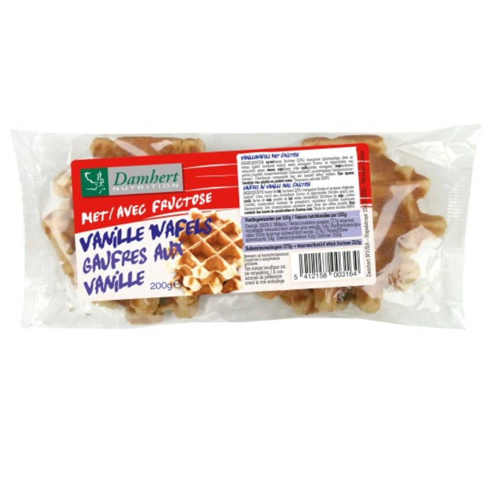 Verpakking Damhert Vanille-wafels. Rode en witte etiketten met productinfo. 200g.