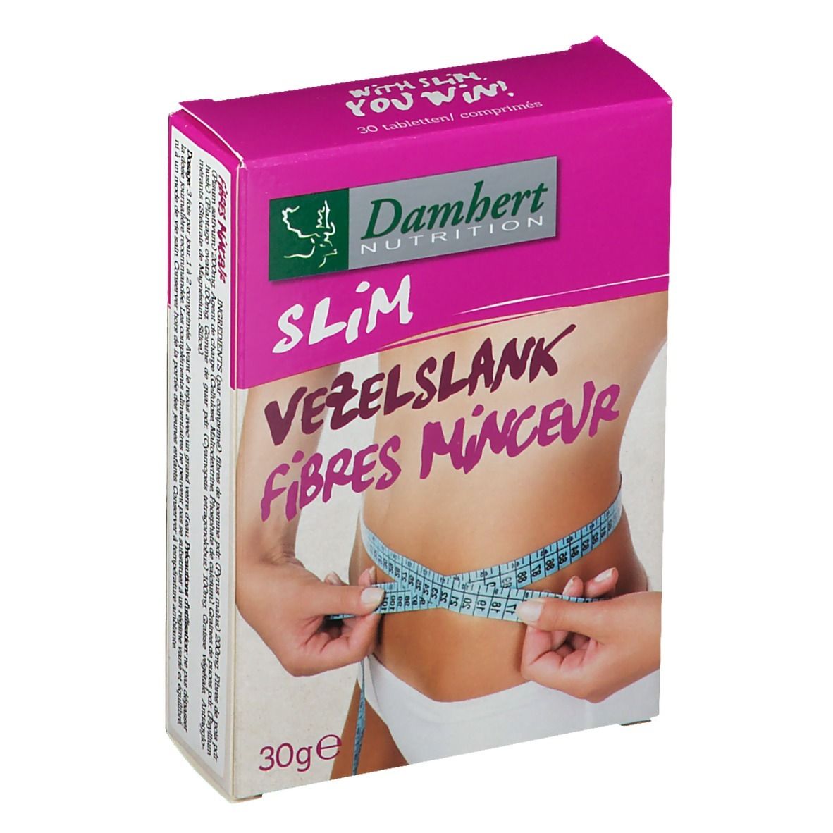 Boîte de Damhert Slim Fibre Tabletten. Emballage rose et blanc avec nom du produit et image d'une personne mesurant son ventre.