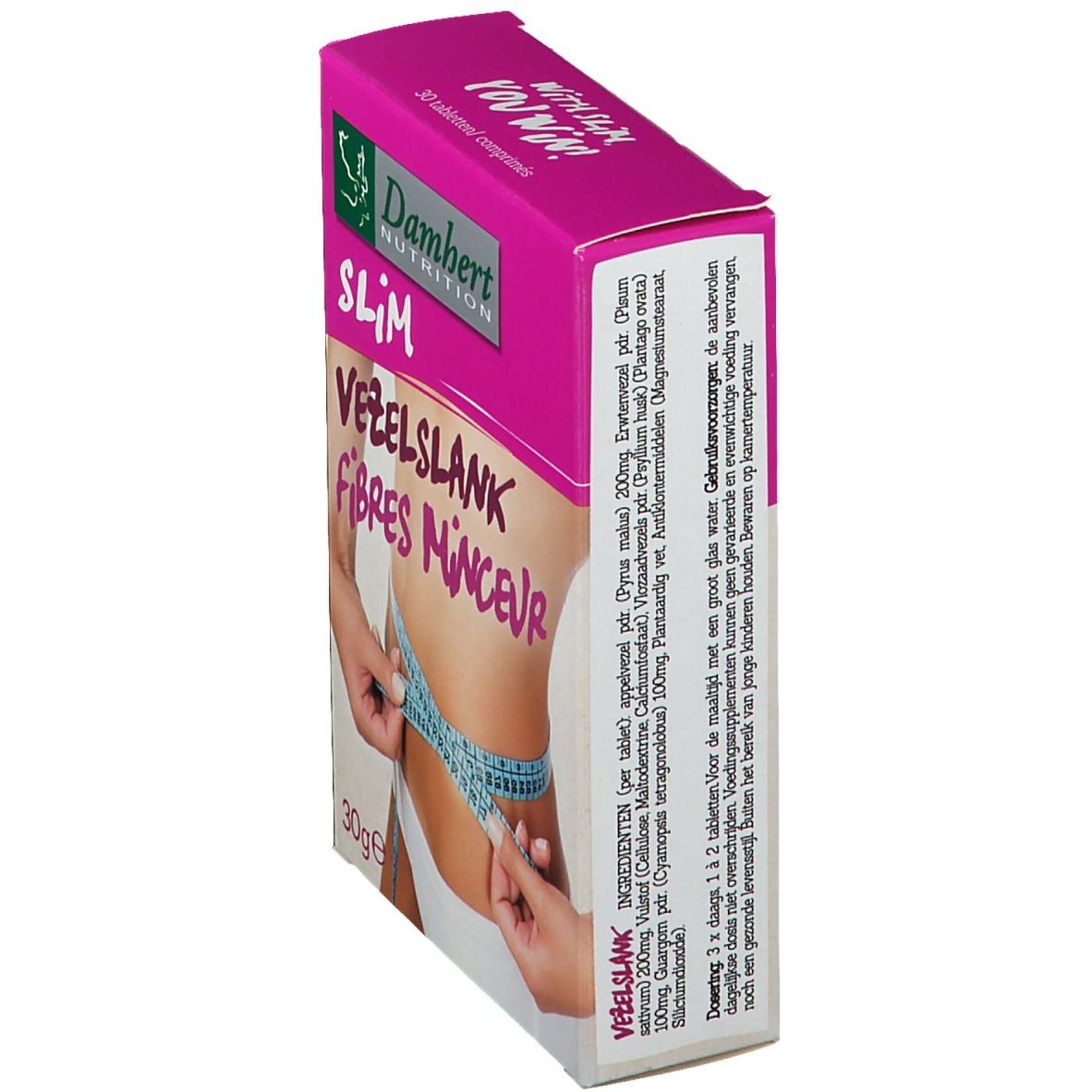 Boîte de Damhert Slim Fibre Tabletten. Emballage rose et blanc avec nom du produit et liste des ingrédients. Vue latérale.