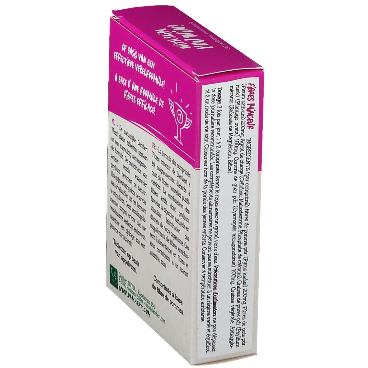 Dos de l'emballage Damhert Slim Fibre Tabletten. Boîte rose et blanche avec texte et logo.