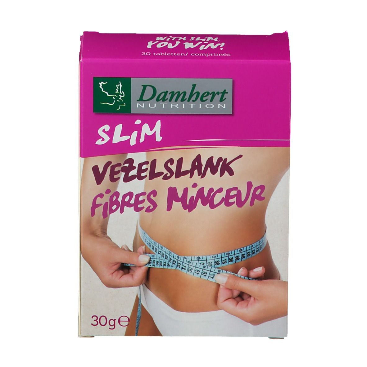 Boîte de Damhert Slim Fibre Tabletten. Emballage rose et blanc avec nom du produit et image d'une personne mesurant son ventre.