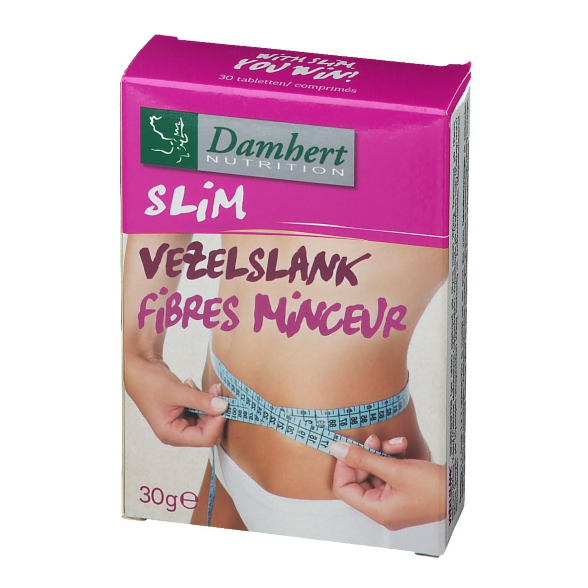 Boîte de Damhert Slim Fibre Tabletten. Emballage rose et blanc avec nom du produit et image d'une personne mesurant son ventre.