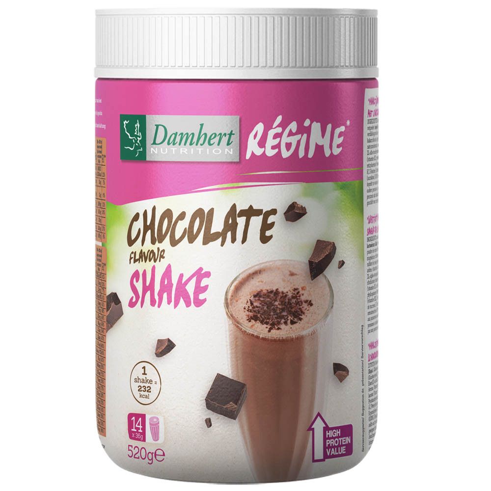 Récipient blanc avec impression de shake au chocolat. Marque Damhert. 520g. Avec morceaux de chocolat et verre de shake.