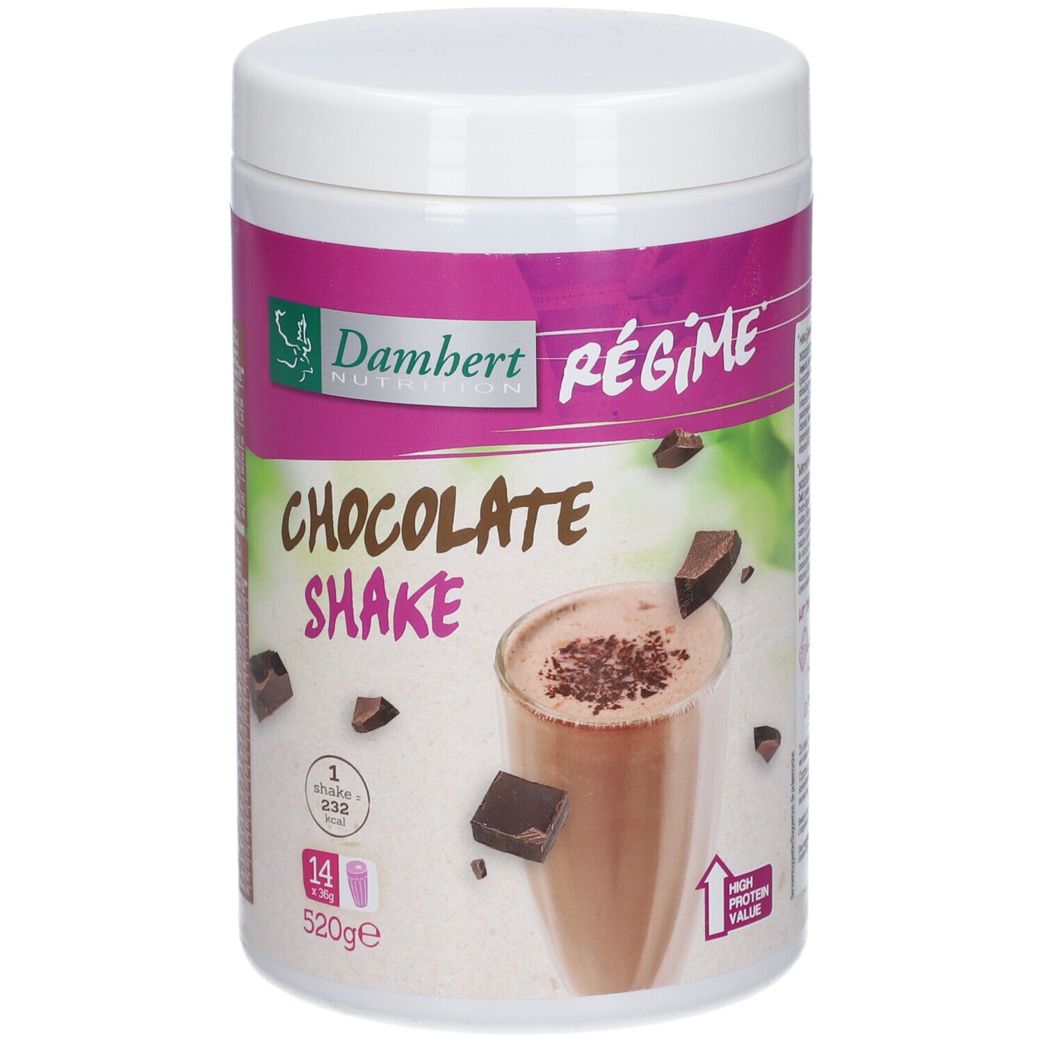 Récipient blanc avec impression de shake au chocolat. Marque Damhert. 520g. Avec morceaux de chocolat et verre de shake.