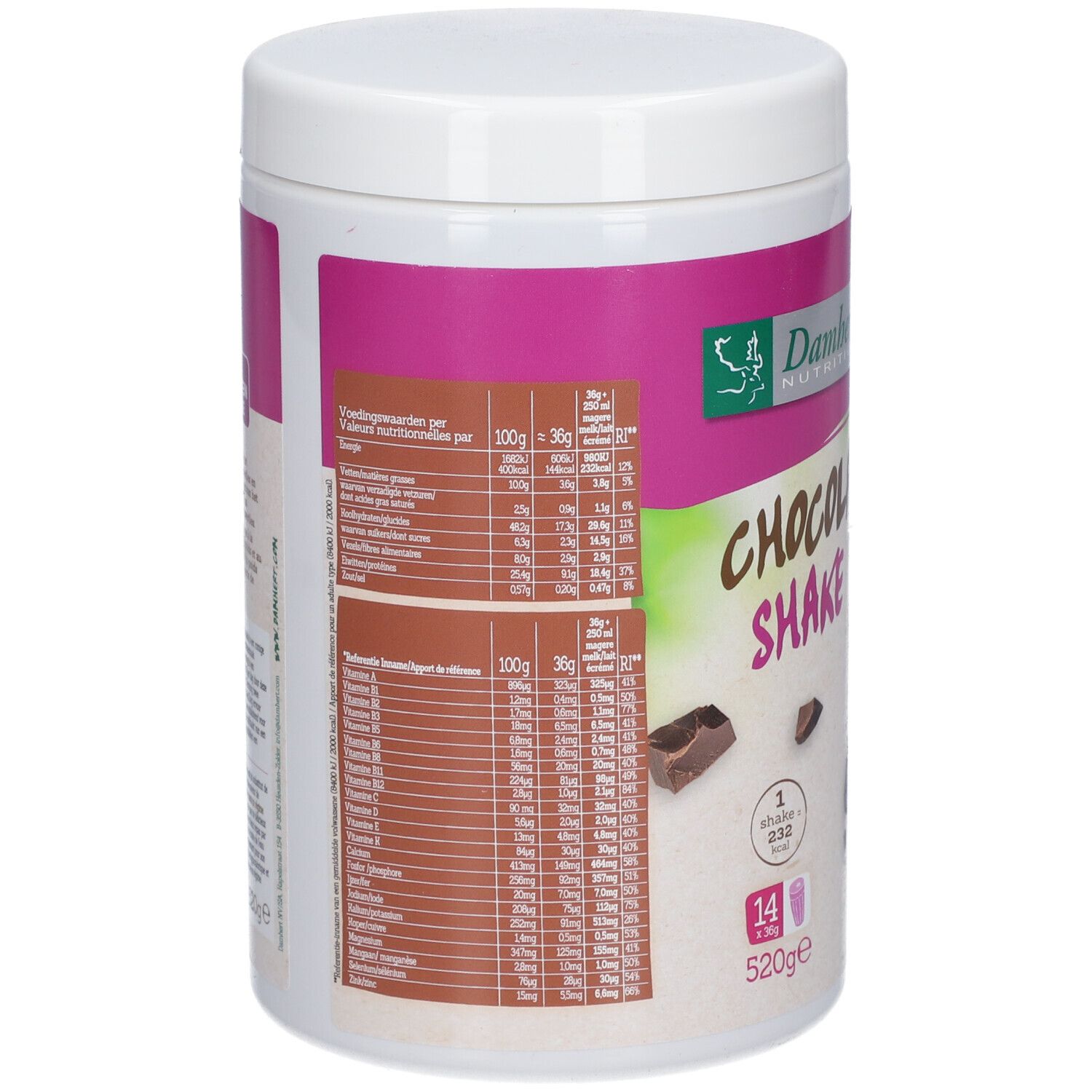 Dos du pot blanc avec informations nutritionnelles. Marque Damhert. 520g. Avec morceaux de chocolat.