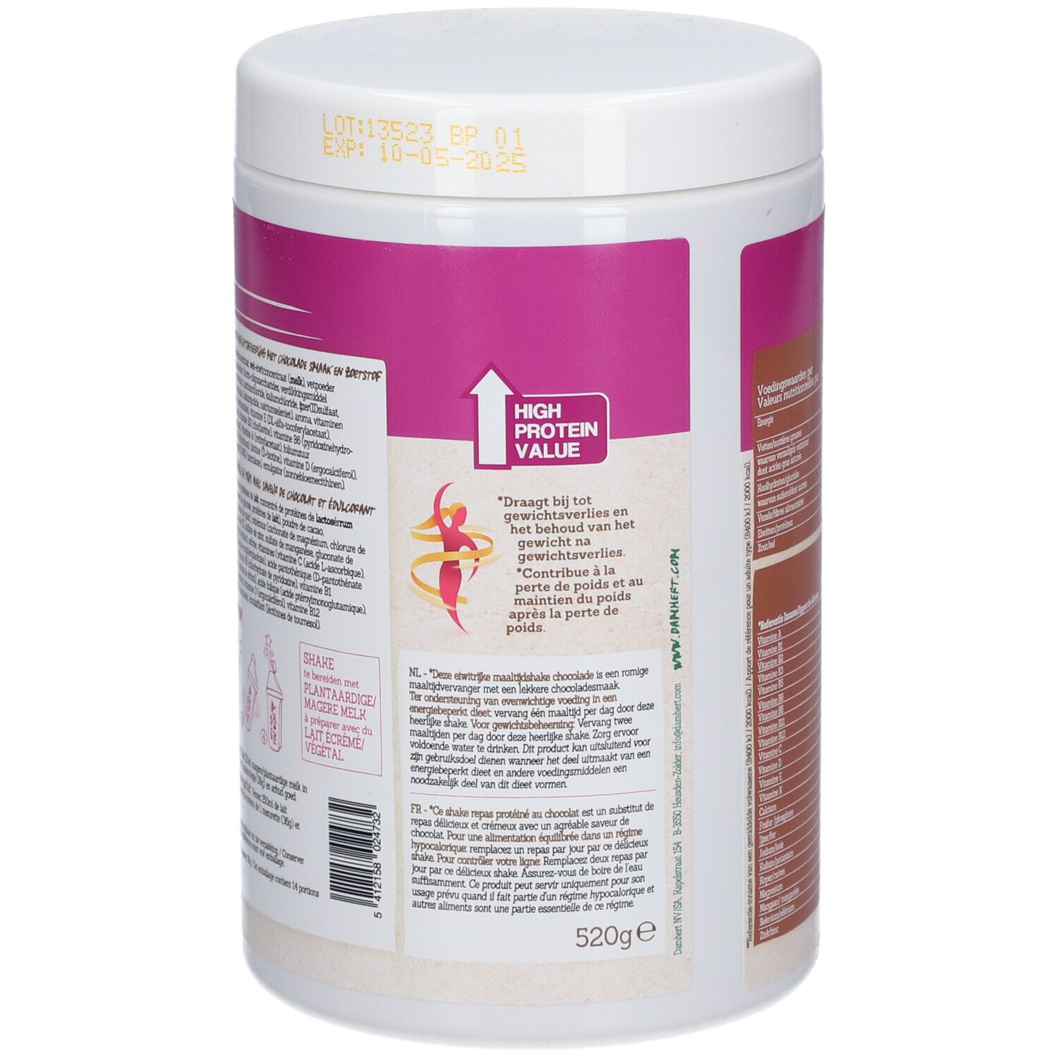 Dos du pot blanc avec texte et informations nutritionnelles. Marque Damhert. 520g. Avec flèche pour la valeur protéique.