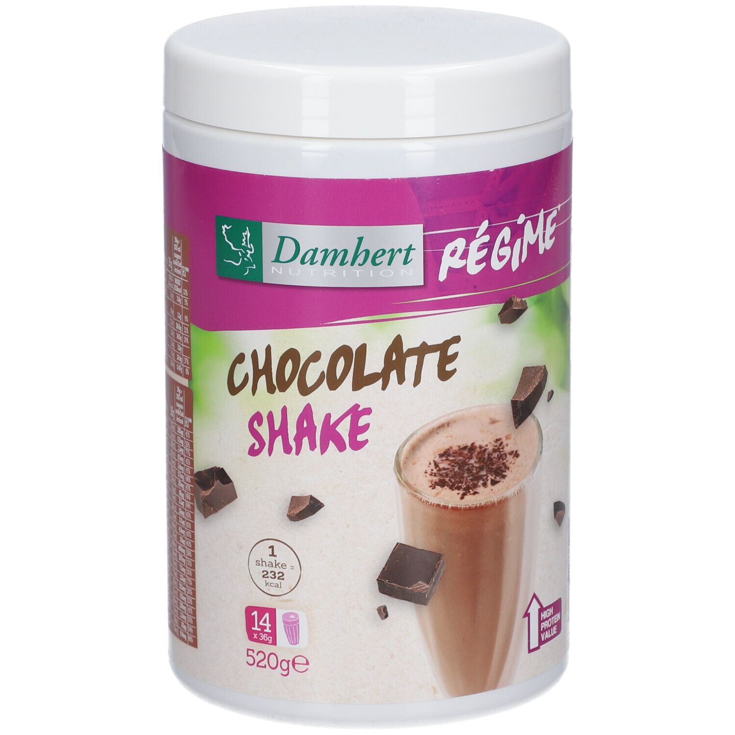 Récipient blanc avec impression de shake au chocolat. Marque Damhert. 520g. Avec morceaux de chocolat et verre de shake.