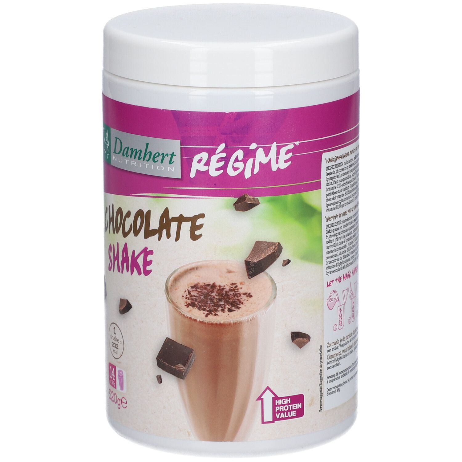 Récipient blanc avec impression de shake au chocolat. Marque Damhert. 520g. Avec morceaux de chocolat et verre de shake.